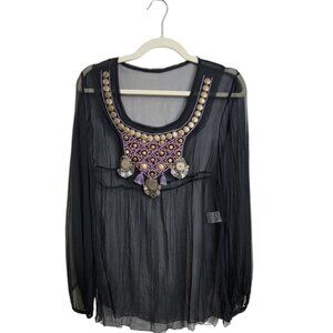 French Chic Sheer Embroidered Silk Top/bathing suit cover Beaded Tribal Neckline